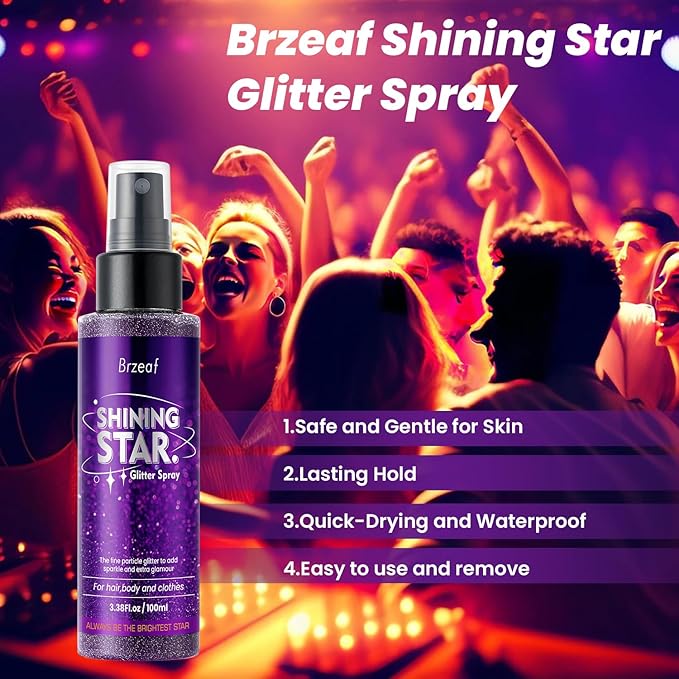 Brzeaf Glitter Spray, Glitter Spray for Hair and Body, Long-Lasting & Quick-Drying, Shiny Glitter Hairspray, Waterproof Body Glitter, for Stage Makeup and Festival Rave