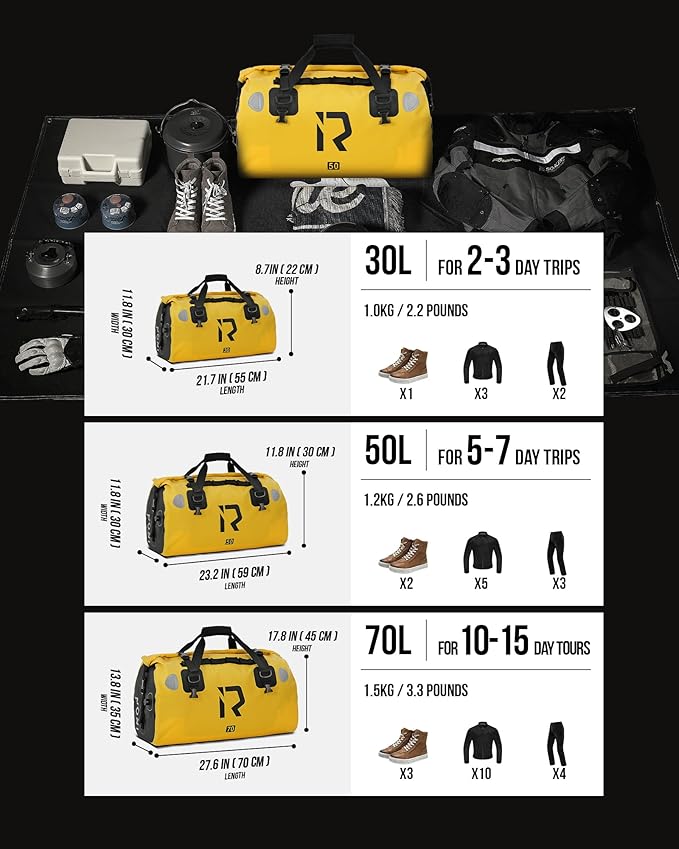 BORLENI Waterproof Motorcycle Dry Duffel Bag Luggage Tail Bag with Large Storage Space,Roll Top Closure, Shoulder Straps, Inner Pocket and Mesh Pocket for Motorcycling Travel Camping(Yellow,50L)