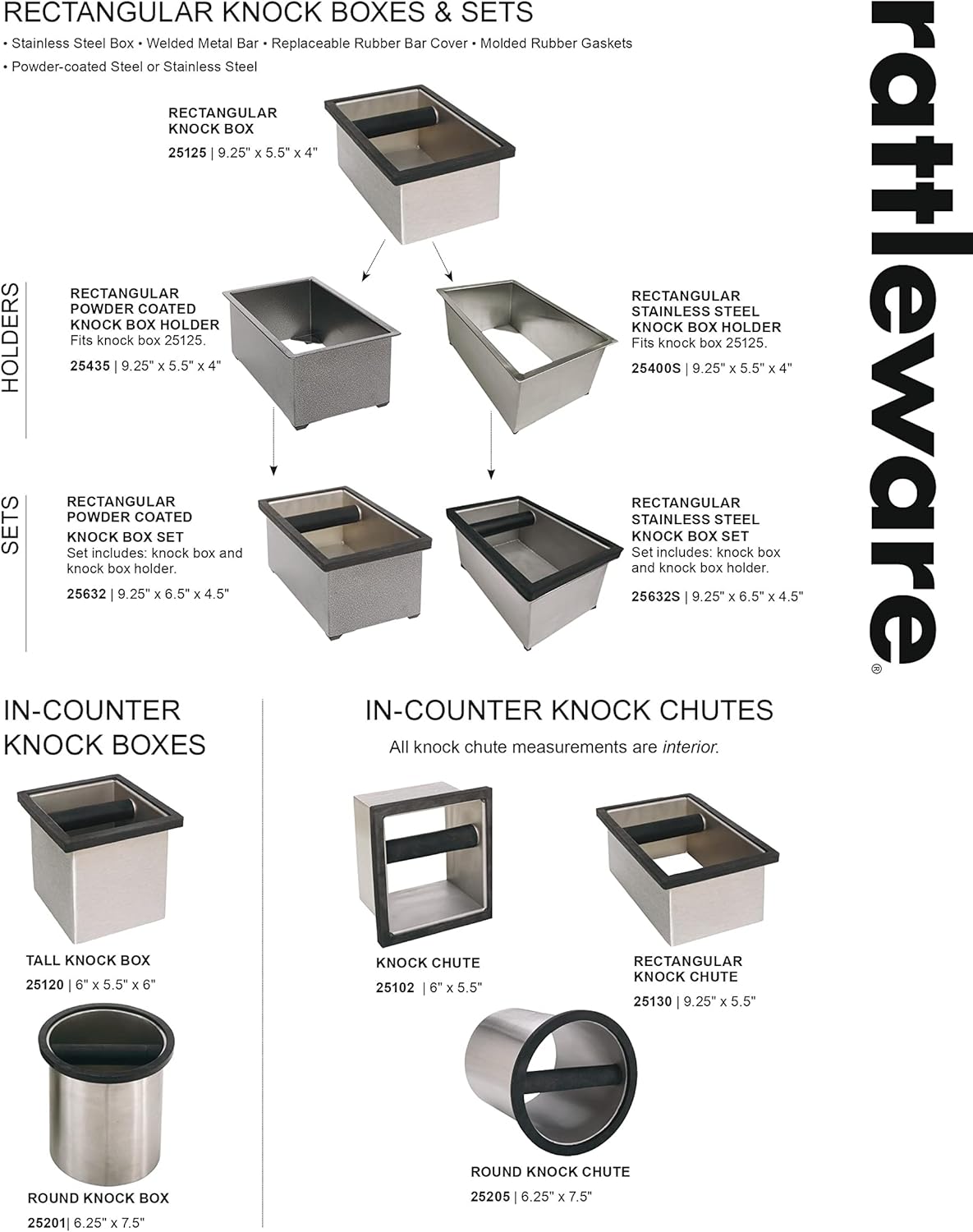 Rattleware Stainless Steel Open Bottom Knock Box Chute – Heavy-Duty Espresso Puck Disposal Bin with Welded Rubber Bar – Fits Coffee Stations, Café, Restaurant, Hotel, or Home Use (9" x 5.5" x 4")