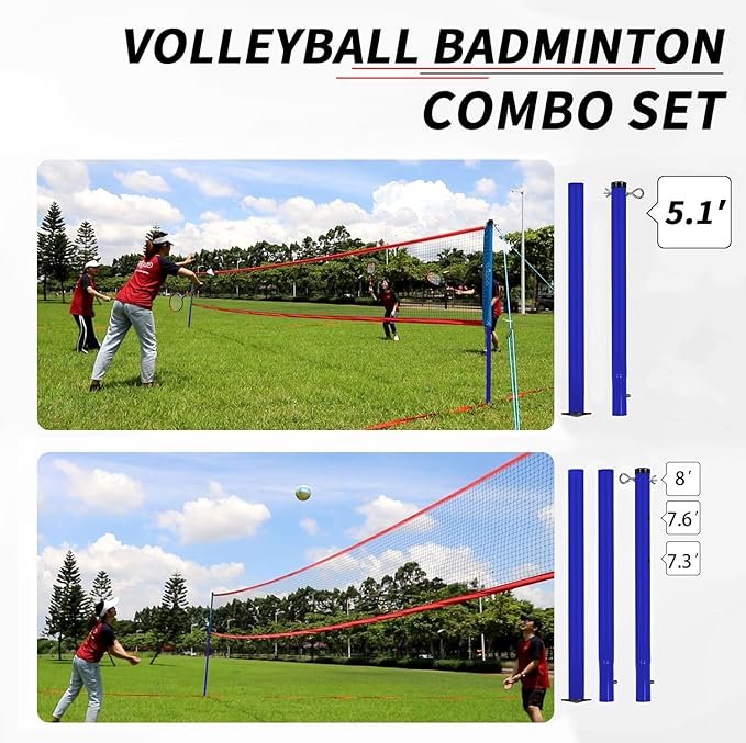 Badminton & Volleyball Combo Set- 32FT Adjustable Professional Volleyball Net for Lawn, Backyard, Easy Set up Volley ball Set with Volley ball,Badminton Racquets,Carry Bag,Boundary Line for Family Fun