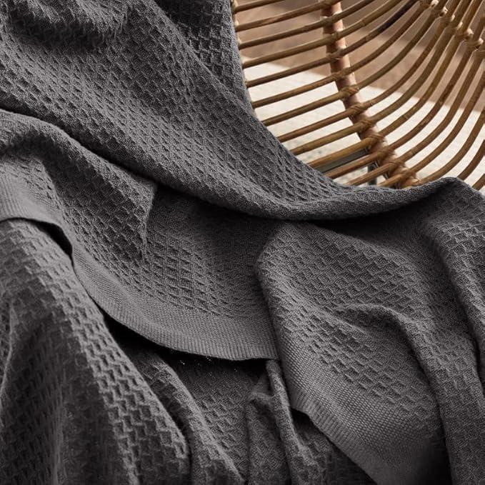 Bedsure 100% Cotton Blanket King Size for Bed - Breathable and Soft, Waffle Weave Blanket for Summer, Thick Cozy Fall Blankets for Women Gift, Dark Grey, 104x90 inches