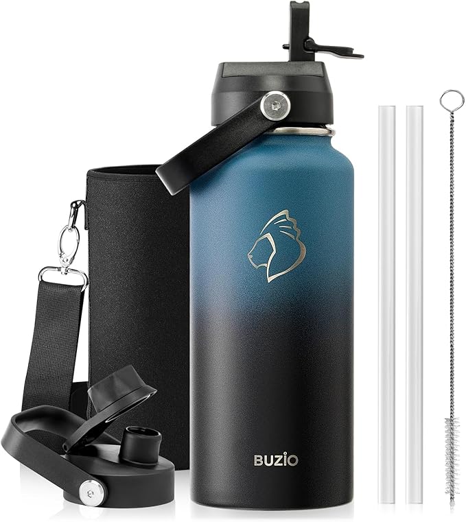 BUZIO Water Bottle with Straw Lid and Flex Cap, 32oz Modern Double Vacuum Stainless Steel Water Flask, Cold for 48 Hrs Hot for 24 Hrs Simple Thermo Canteen Mug, Indigo Black