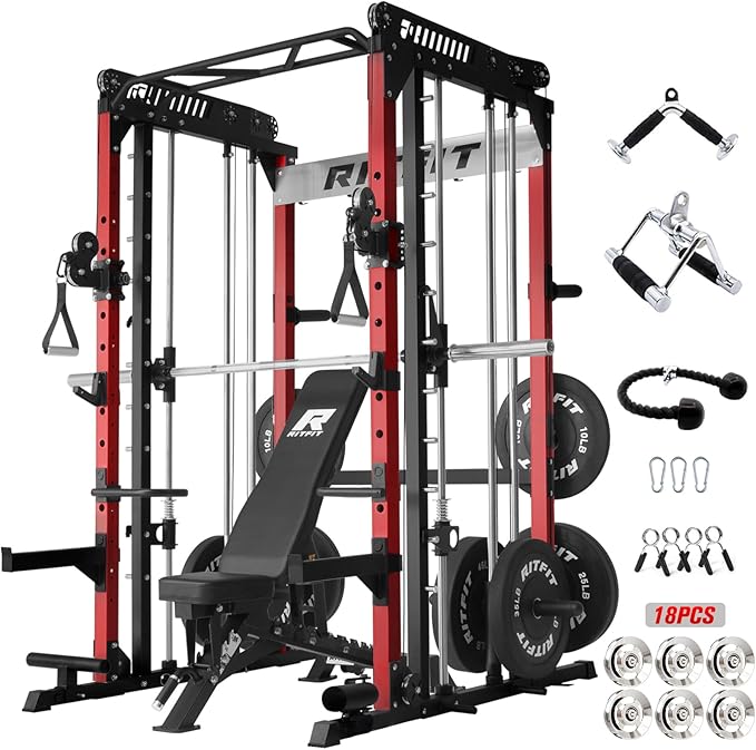 RitFit M1 & M1 Pro Smith Machine with Cable Crossover System, Multi-Function Squat Rack Power Cage for Home Gym, Power Rack and Packages