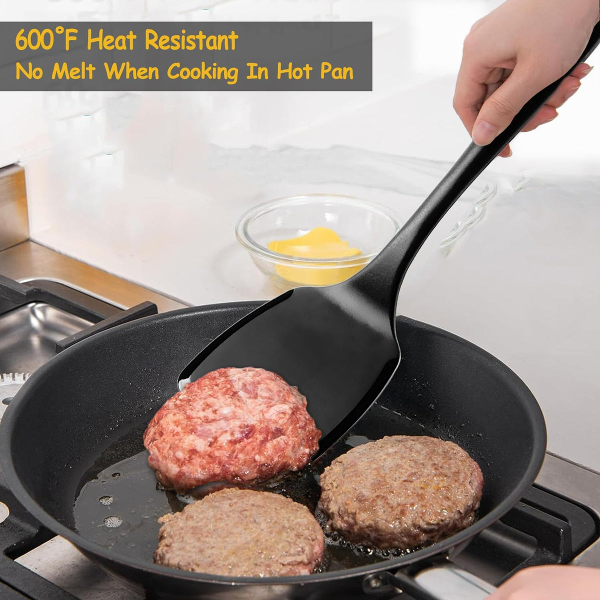 Silicone Spatula Set, 600°F Heat Resistant Silicone Spatula Turner Flipper for Cooking, Non Stick and Non Scratch Kitchen Utensils for Eggs, Burgers, Crepes, 2-Pack Solid Spatulas Set, Black