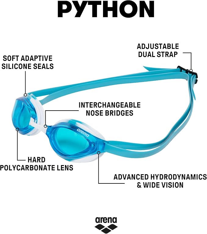ARENA Unisex Python Racing Swim Goggles for Men and Women Anti-Fog No Leak Max Comfort Dual Strap, Mirror/Non-Mirror Lens