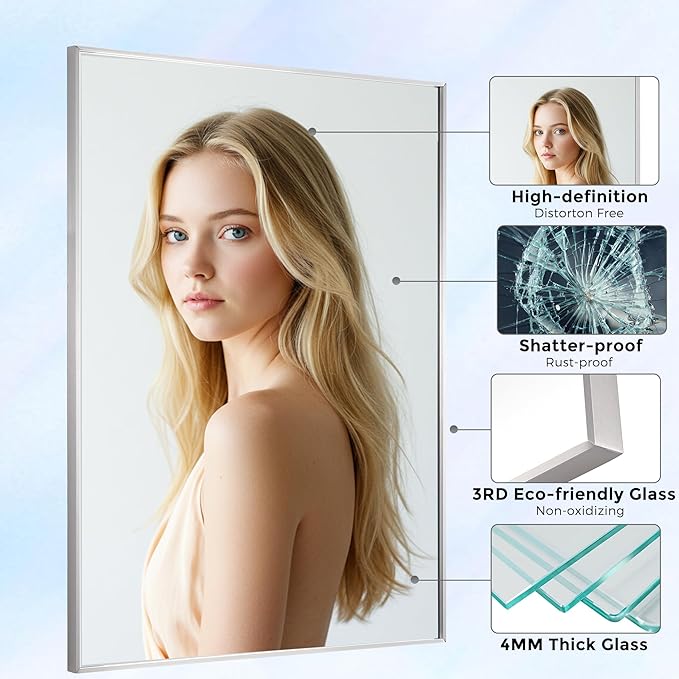 24x36 Inch Nickel Bathroom Mirror for Wall, Aluminum Frame Rectangle Rectangular Vanity Mirror, Modern Large for Bedroom, Living Room, Horizontal or Vertical