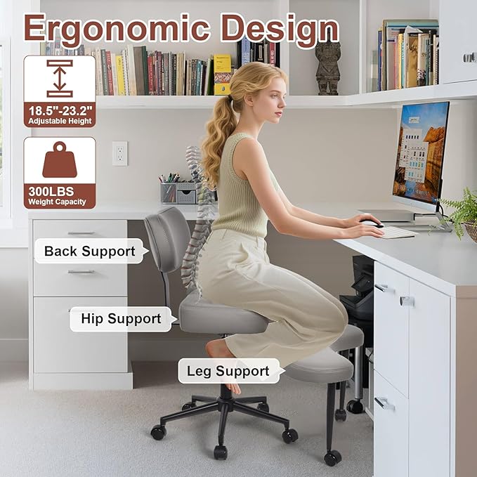 Meditation Chair Cross Legged ADHD Office Chair for Adults with Wheels Ergonomic Back Support and Leg Rest for Multi Position Criss Cross Sitting Kneeling and Yoga Height Adjustable, Leather Style