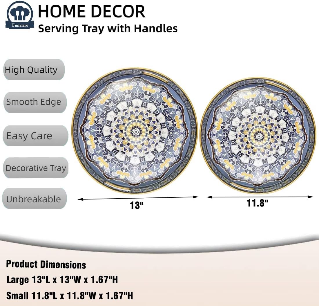 Round Decorative Trays Set of 2, Modern Plastic Serving Tray with Handles for Living Room, Coffee Table, Kitchen, Ottoman, Boho Blue, Large 13", Small 11.8"