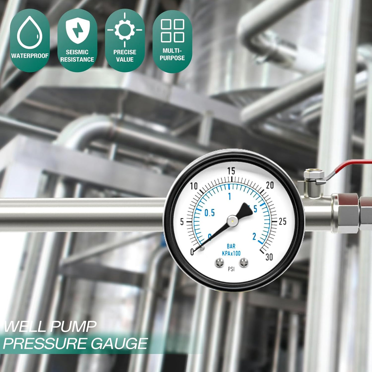 0-30PSI Well Pump Pressure Gauge 2" Dial Size, 1/4" NPT Back Mount, 3-2-3% Accuracy, for Tube, Water Pump, Gas, Liquid, Pressure Test