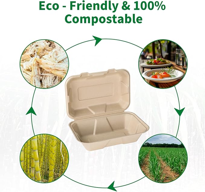 Aricsen Compostable 50 Pack 9x6 Inch Takeout Lunch Box Containers with Lid To Go Take Out Clamshell for Food, Disposable Eco-Friendly Biodegradable Bagasse, PFAS-Free, Brown