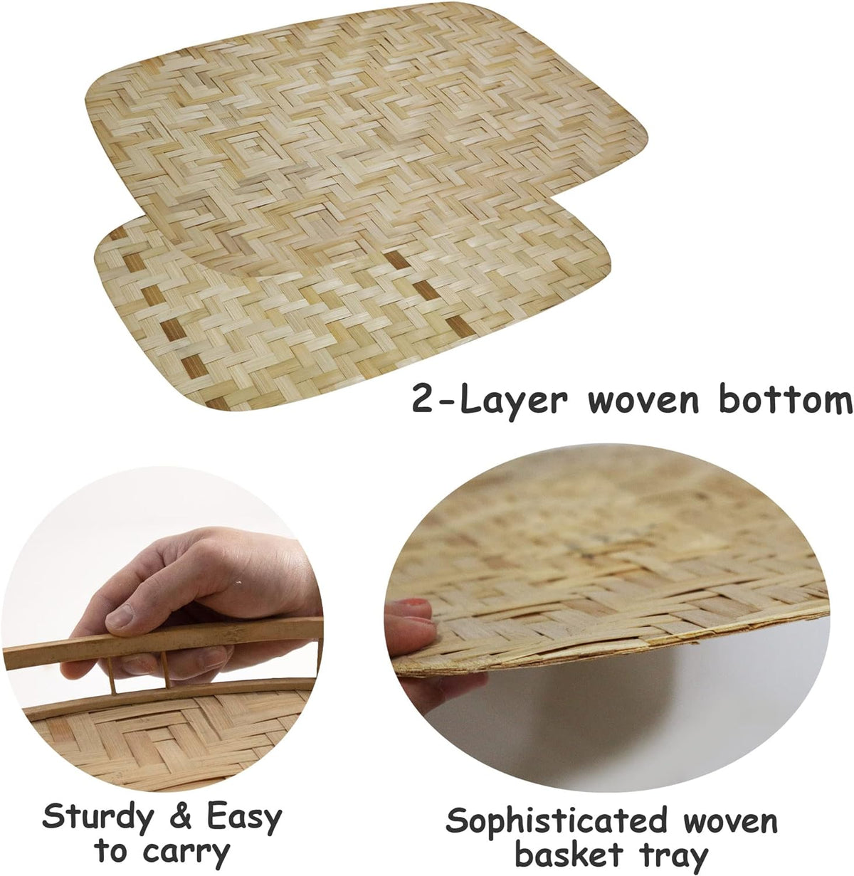 PEMAR Set of 6 Bamboo Wicker Serving Trays for Foods and Drinks, Rectangular Lap Trays for Breakfast. Decorative Bamboo Wood Basket Platters for Coffee Table, Picnic, Bed Eating