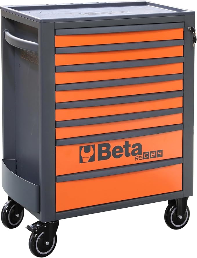 Beta RSC24 Heavy Duty Rolling Tool Cabinet, 8 Drawers, Orange, Ball Bearing Slides, Rubber Mat Liners, 5" Casters, Anti-Fall Edge Worktop, 1760 lbs Load Capacity, Made in Italy
