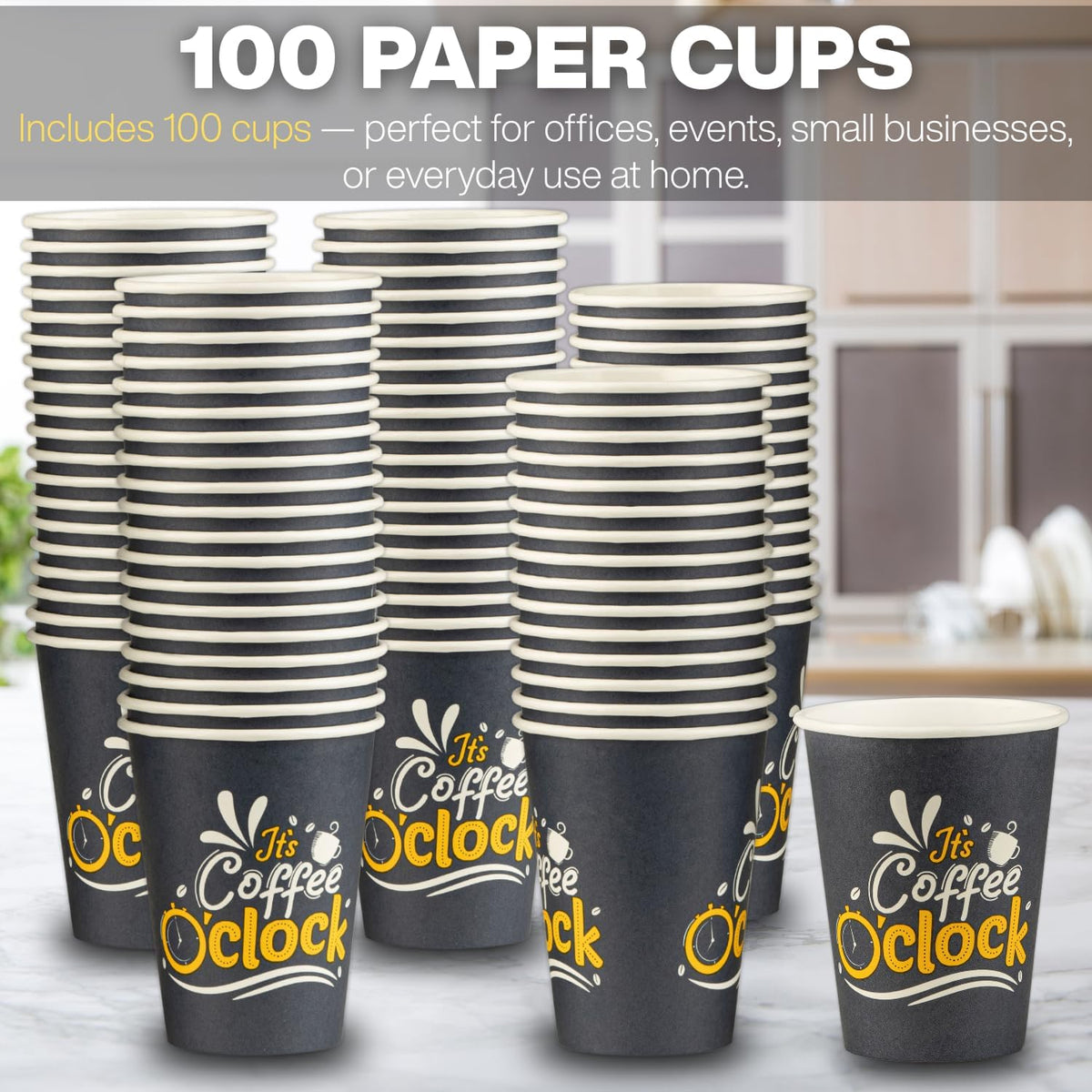 Smygoods Disposable Coffee Cups, To Go Paper Hot Cups, Coffee O'Clock Design (12 OZ, 100 Count) For Hot Beverages, Coffee, Tea, Espresso, Cocoa - Vasos Para Cafe
