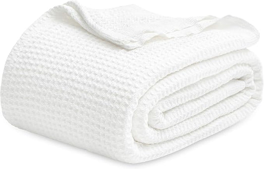 Bedsure 100% Cotton Blanket Queen Size for Bed - Breathable and Soft, Waffle Weave Blanket for Summer, Thick Cozy Fall Blankets for Women Gift, White, 90x90 Inches