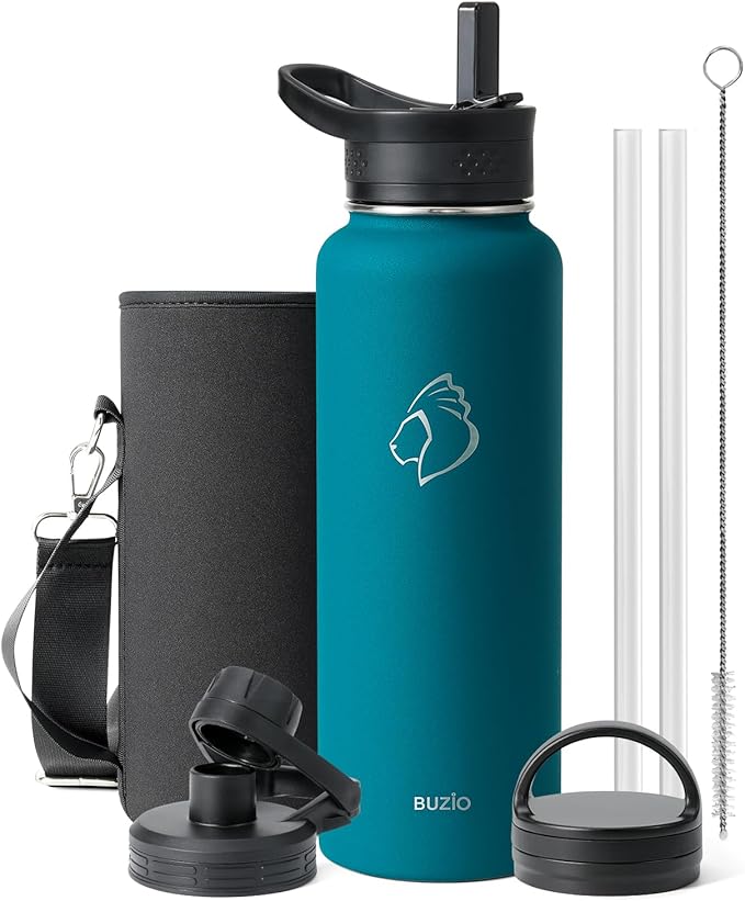 BUZIO 40 oz Water Bottle Insulated with Straw & 3 lid and Carrying Pouch, Leak Proof Anti-Slip Stainless Steel Water Flask Jug, Cold for 48 Hrs Double Vacuum Thermo Canteen, BPA-Free, Dark Blue