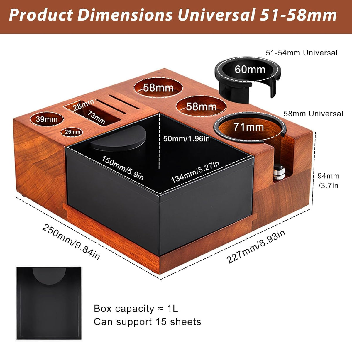 Espresso Tamping Station Knock Box - 9 in1 Espresso Knock Box And Tamp Station Coffee Organizer Fit for 51mm 53mm 54mm 58mm Espresso Tamper Distributor Portafilter Puck Screen Accessories Storage