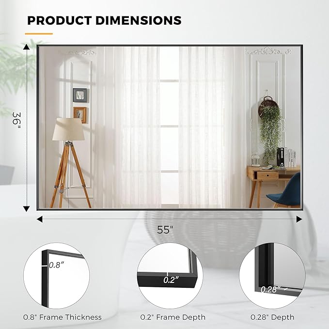 55x36 Inch Black Bathroom Mirror for Wall, Aluminum Frame Rectangle Rectangular Vanity Mirror, Modern Large for Bedroom, Living Room, Horizontal or Vertical