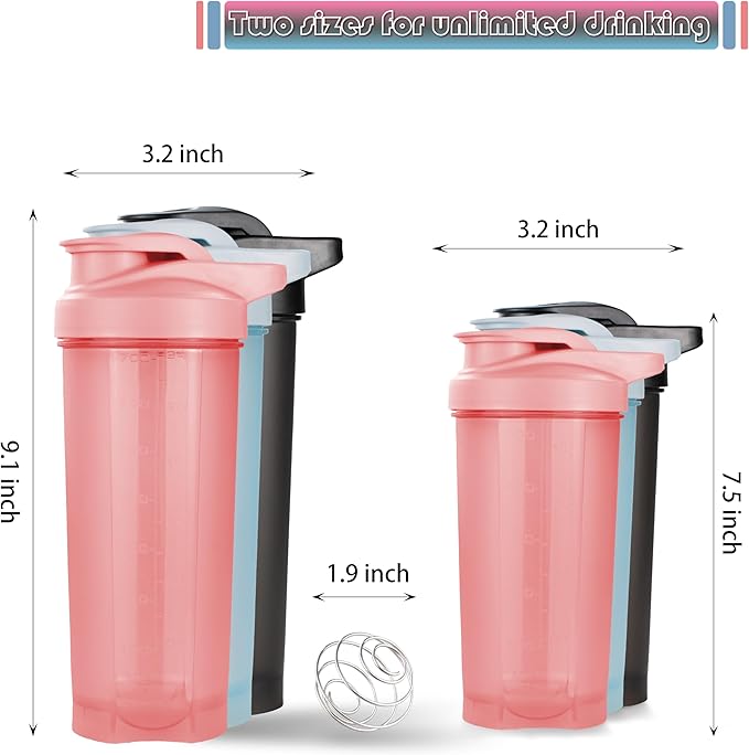 6 Pack Protein Shaker Bottles for Protein Mixes, Shaker Cups for Protein Shakes, 3 pcs 24 oz and 3 pcs 20 oz (Multicolor)
