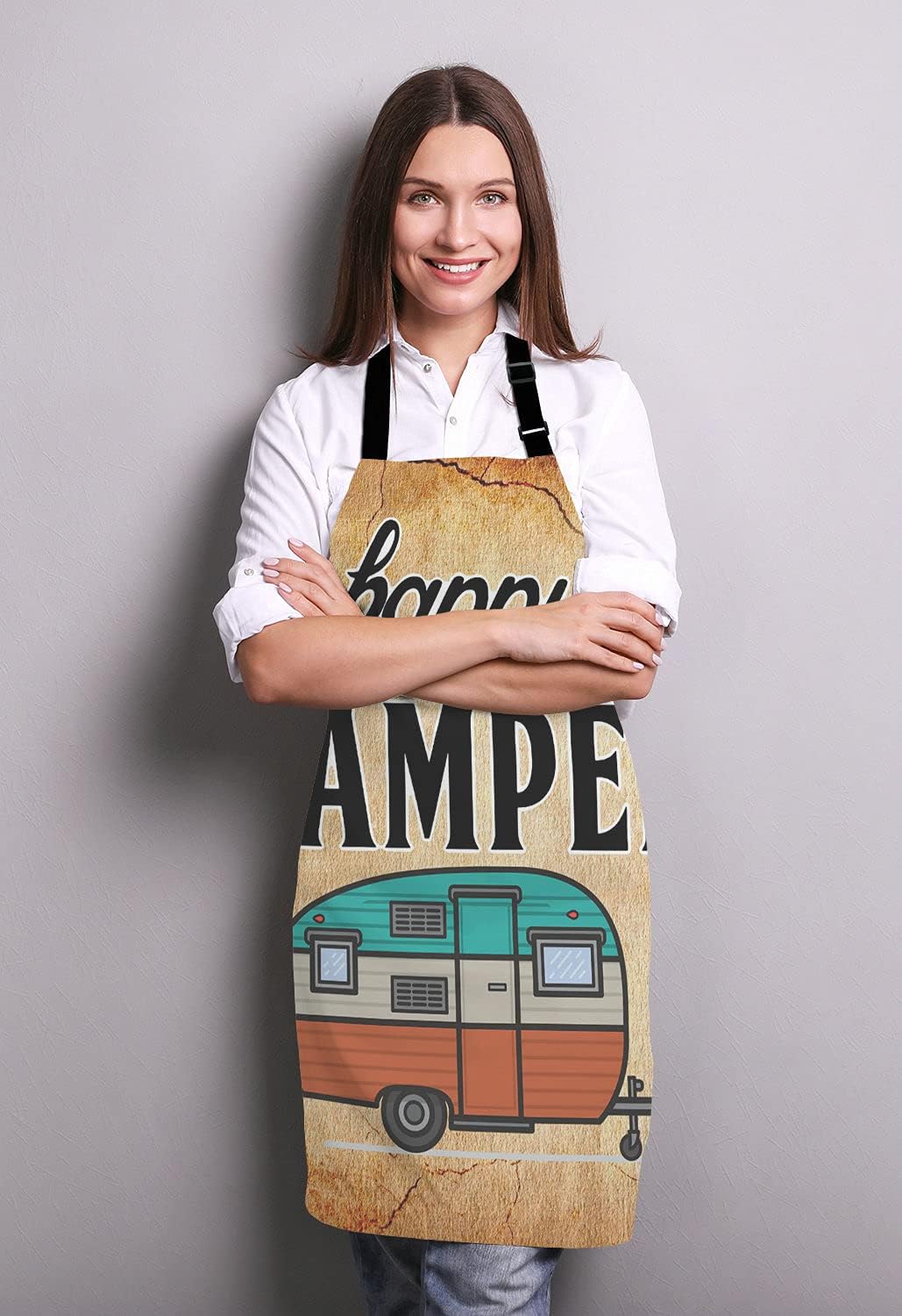 Happy Camper Apron for Women and Men, Adjustable Kitchen Chef Apron for Cooking Baking - Cute Birthday, Anniversary, Mother's Day Apron Presents for Mom Wife Girlfriend Aunt Grandma