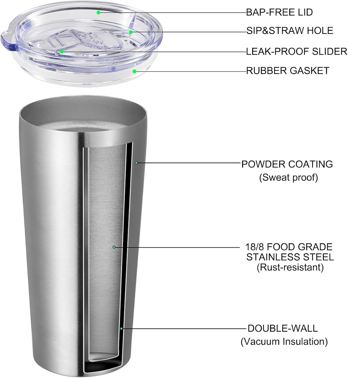 VEGOND 20oz Tumbler Bulk with Lid and Straw 12 Pack, Stainless Steel Vacuum Insulated Tumbler, Double Wall Coffee Cup Travel Mug, Stainless Steel