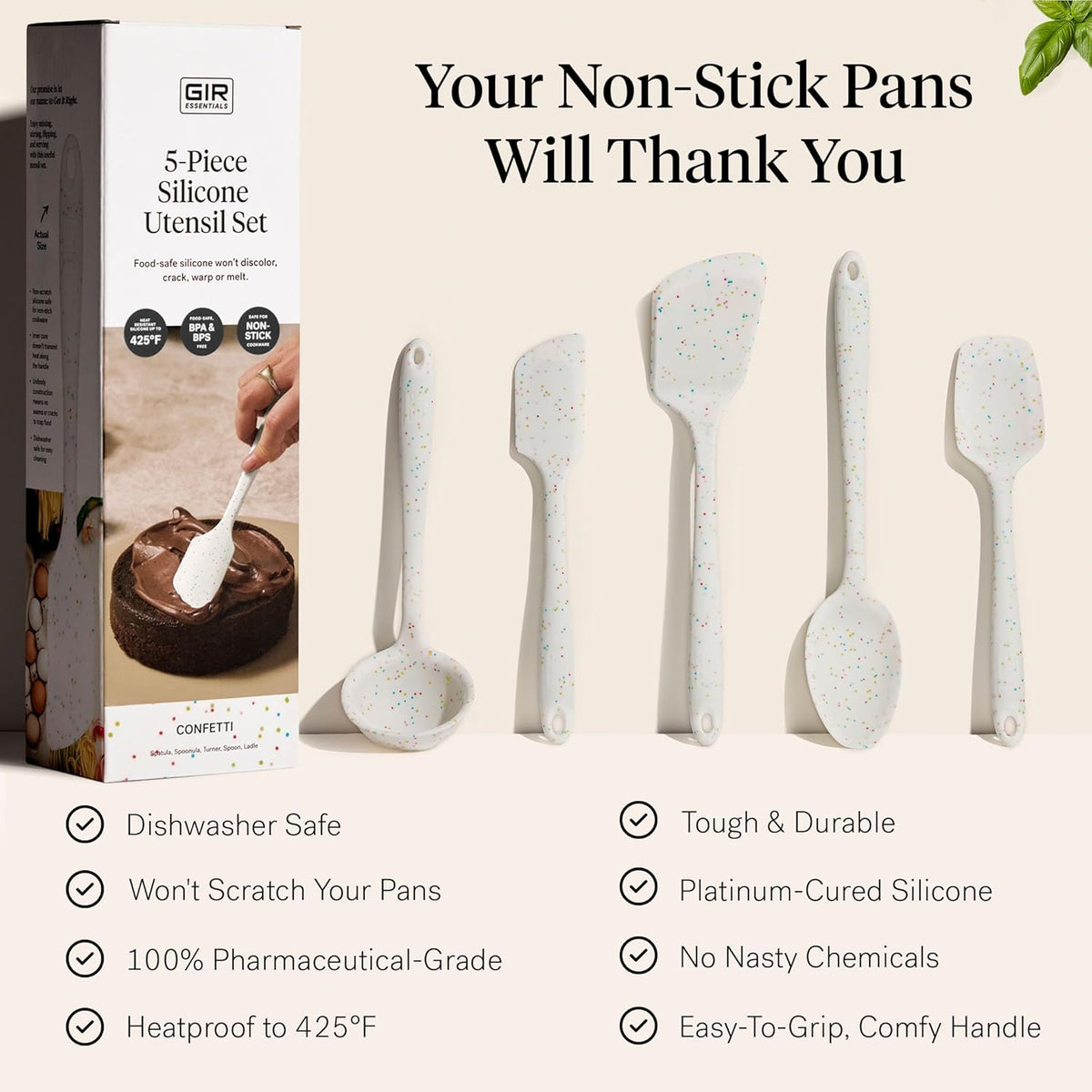 GIR: Get It Right 5-Piece All-Purpose Cooking Utensil Set - 11 in Party Confetti Color - Pharmaceutical-Grade Silicone Utensils - Heat-Resistant 425°F & Dishwasher-Friendly