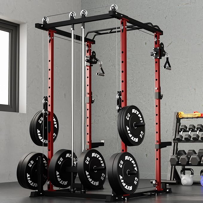 RitFit Power Cage with Optional LAT PullDown/Cable Crossover, 1000LB Squat Rack for Home & Garage Gym, with Weight Storage Rack and More Training Attachments, ASTM-Certified