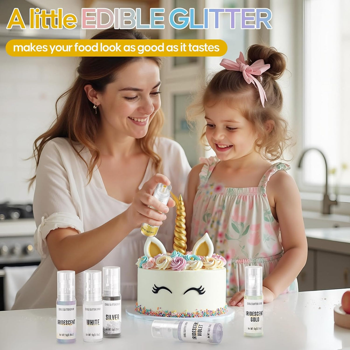 Edible Glitter Spray,2 Colors Gold & Iridescent Food Grade Edible Glitter Set for Drink Cake Beverages,Cupcakes,Cake Pops and Cookies Decorating