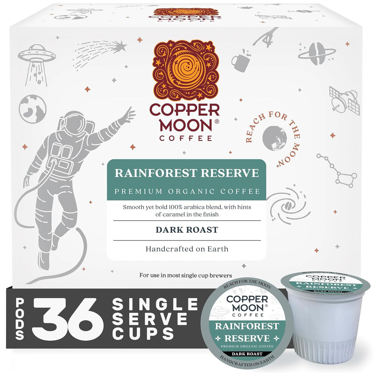 Copper Moon Single Serve Coffee Pods for Keurig K-Cup Brewers, Dark Roast, Rainforest Reserve Blend, 36 Count