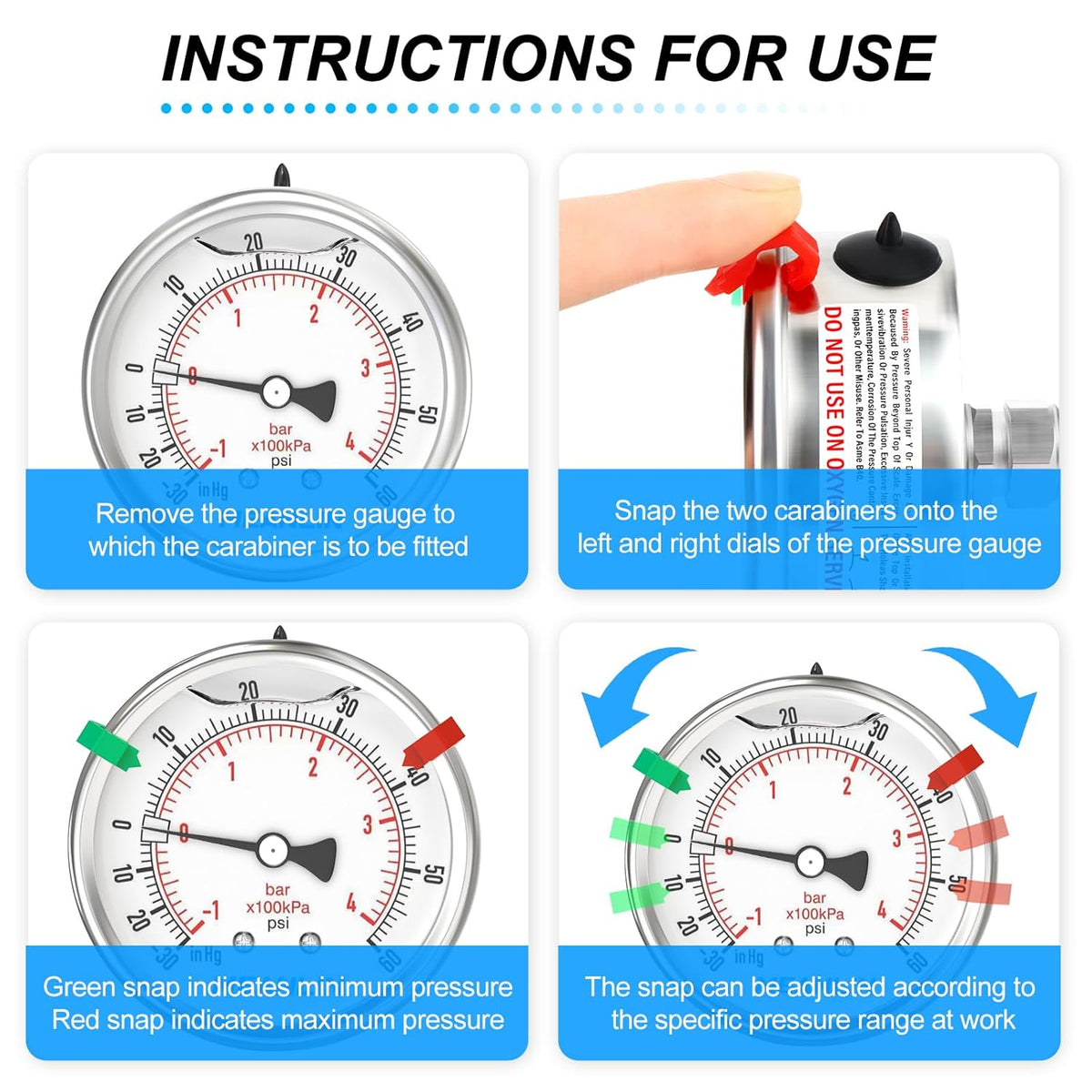 MEANLIN MEASURE -30inHG~60Psi Vacuum Pressure Gauge 316 Stainless Steel Joint 1/4" NPT 2.5" FACE DIAL, Stainless Steel Liquid Filled Pressure Gauge WOG Water Oil Air Back Mount, 2PCS Snaps