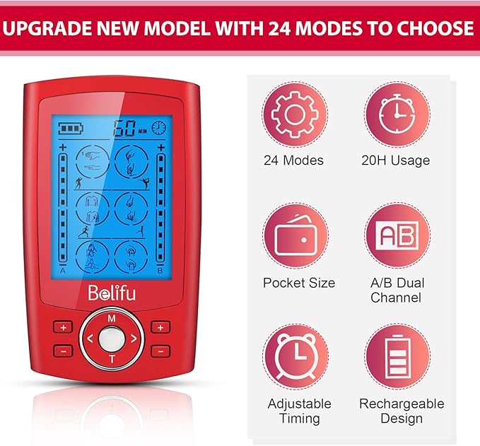 Belifu Dual Channel TENS EMS Unit 24 Modes Muscle Stimulator for Pain Relief Therapy, Electronic Pulse Massager Muscle Massager with 10 Pads, Dust-Proof Drawstring Storage Bag, Fastening Cable Ties