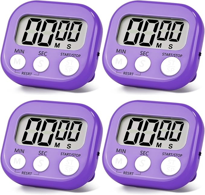 4 Pack Purple Digital Kitchen Timer Magnetic Digital Timer with Big Display Loud Ring Cooking Timers for Cooking, Game, Gym, Break Time, Classroom (4, Pruple)