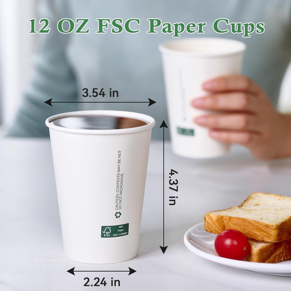 LITOPAK 200 Pack 12 oz Disposable Paper Coffee Cups, White FSC Hot Coffee Cups for Multiple Drinks for Office, Store, Home