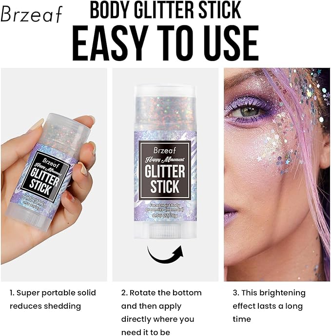 Brzeaf Waterproof Mermaid Glitter Stick, Shimmery& Long Lasting, Hair Eyeshadow Face Body Glitter, Singer Concert Music Rave Festival, Glitter Stick Makeup & Face Glitter Gel for Women Men 0.56 Oz