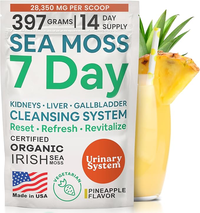 Atlantic Naturals Sea Moss 7 Day Detox Liver, Gallbladder & Kidney Cleanse - Support with Dandelion Root, Milk Thistle, Burdock Root, Red Clover, Chanca Piedra - Pineapple Flavor Drink Mix (14 oz)