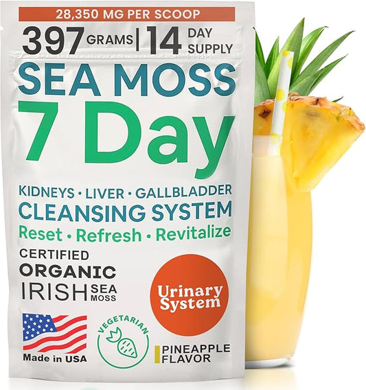 Atlantic Naturals Sea Moss 7 Day Detox Liver, Gallbladder & Kidney Cleanse - Support with Dandelion Root, Milk Thistle, Burdock Root, Red Clover, Chanca Piedra - Pineapple Flavor Drink Mix (14 oz)