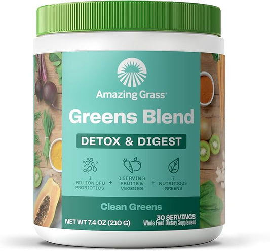 Amazing Grass Greens Superfood Detox & Digest: Greens Powder with Digestive Enzymes & Probiotics, Clean Green, 30 Servings (Packaging May Vary)
