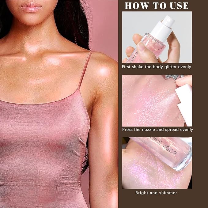 Body Glitter Spray, Moisturizing Bronze Body Shimmer Luminizer Glow Illuminator Quick-Drying and Non-Sticky Liquid Highlighter Spray for Face Hair Glitter, 60ML -Pink