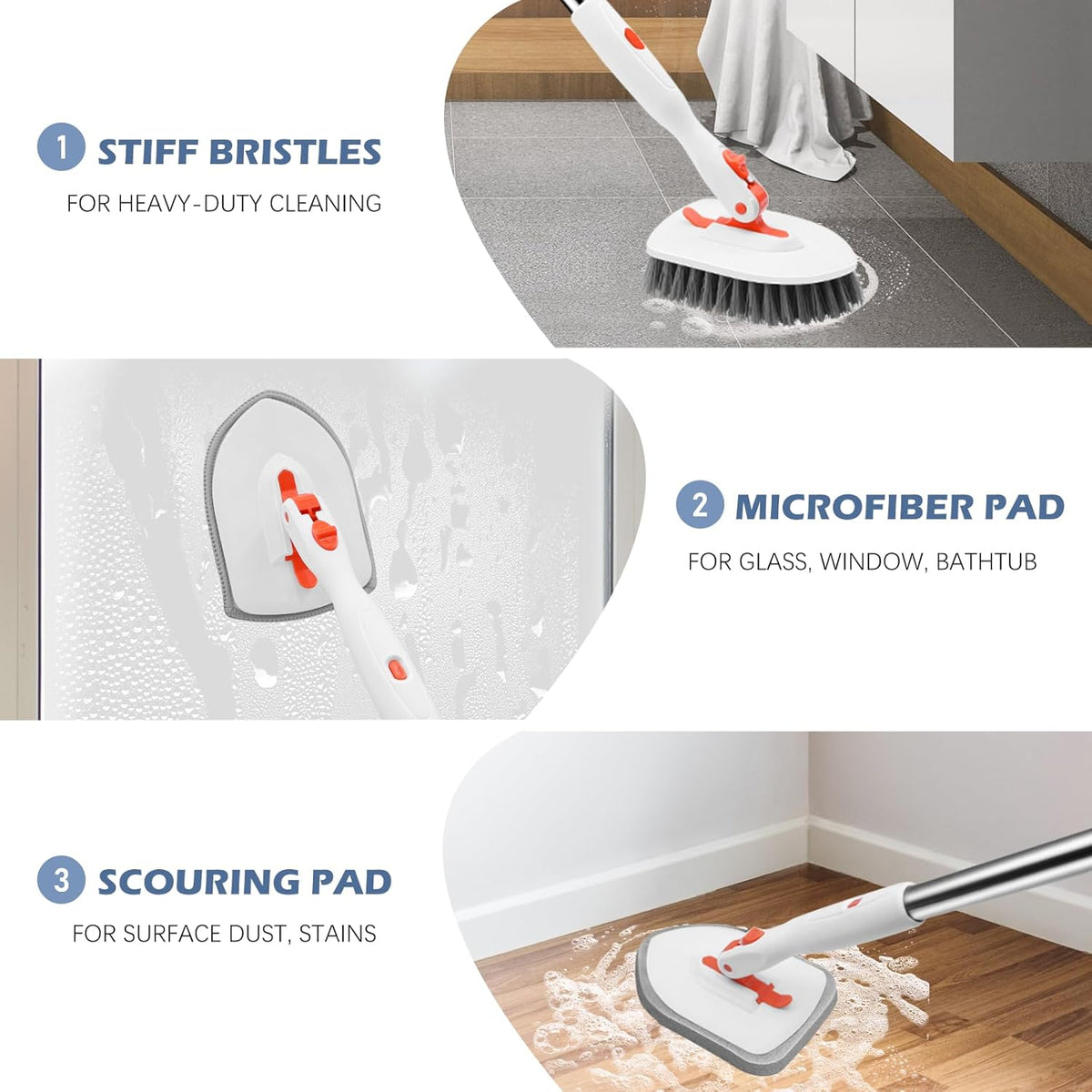 SetSail Floor Scrub Brush, 3-In-1 Tile Tub Floor Scrubber with 52-inch Adjustable Long Handle Shower Cleaner and 3 Detachable Replacement Brush Heads for Cleaning Bathroom Kitchen Walls Tub Tile