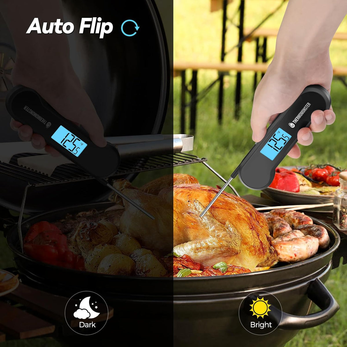 0.5 Sec Instant Read Meat Thermometer Digital with ±0.5℉ Precision, 100% Waterproof Auto Flip Bright LCD Screen, Motion Sensing Food Thermometer for Cooking Kitchen Oven Grill Candy BBQ, Black