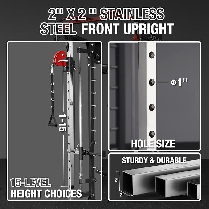 Mikolo Smith Machine, 2200lbs Squat Rack with LAT-Pull Down System & Cable Crossover Machine, Training Equipment with Leg Hold-Down Attachment