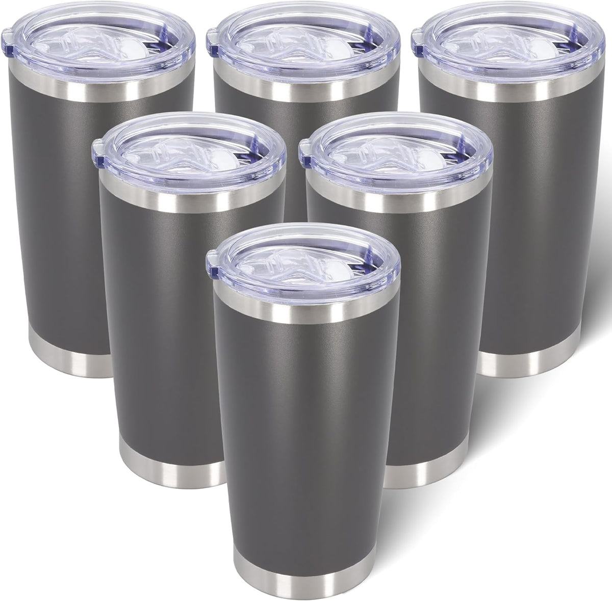 20oz Tumbler Bulk Stainless Steel Tumblers with Lid Vacuum Insulated Double Wall Travel Coffee Mug Powder Coated Tumbler Cup for Hot and Cold Drinks(Grey, 6 pack)
