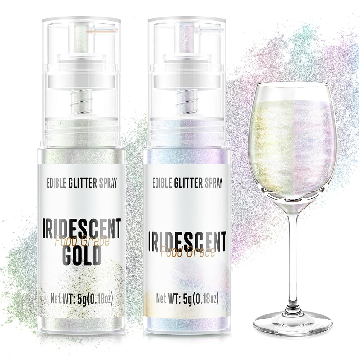 Edible Glitter Spray,2 Colors Iridescent & Iridescent Gold Food Grade Edible Glitter Set for Drink Cake Beverages,Cupcakes,Cake Pops and Cookies Decorating