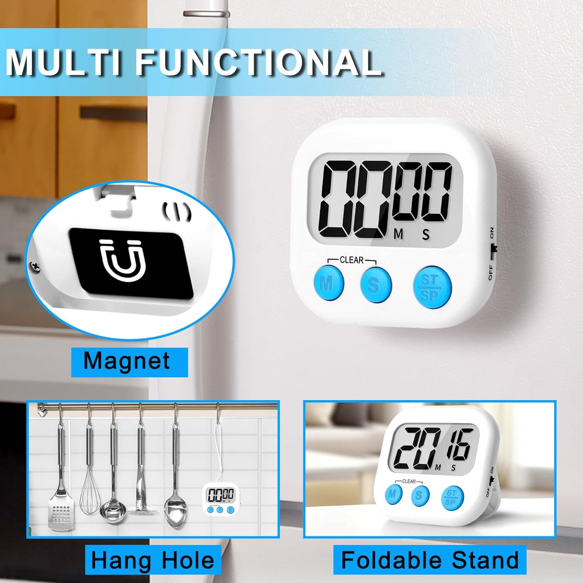 ZILLEEN Kitchen Timer Digital with Magnetic Back for Kids Classroom, White 12 Pack