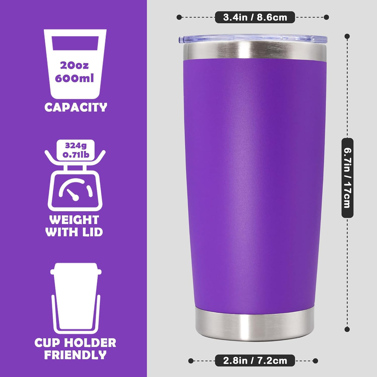 20oz Tumbler Bulk Stainless Steel Tumbler Cup with Lid Vacuum Insulated Double Wall Travel Mug, Durable Powder Coated Travel Coffee Tumbler Mug for Hot & Cold Drinks, Purple,8 Pack