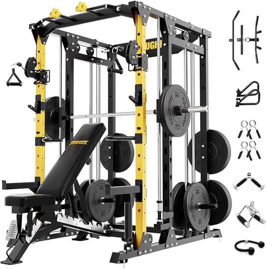 F4 Smith Machine, Power cage with Adjustable Cable Crossover System, All-in-One Squat Rack Training Equipment for Home Gym