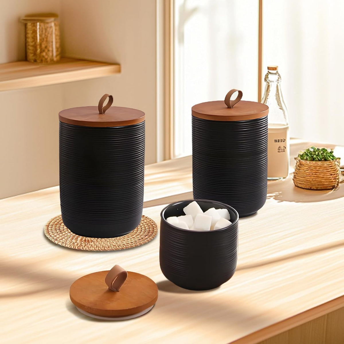 Food Storage Jar Strong Ceramic Storage Canisters with Airtight Wooden Lid,Kitchen Storage Containers for Serving Coffee Beans, Tea, Sugar, Salt, Spices (Medium black)