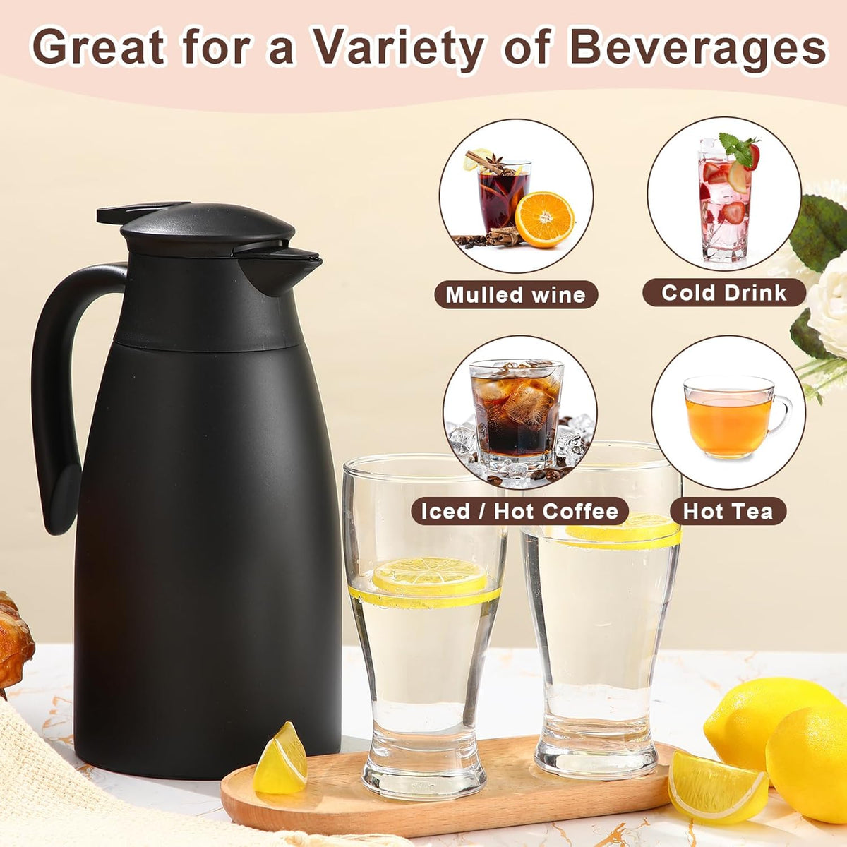 Norme 2 Pcs Thermal Coffee Carafe Insulated Stainless Steel Coffee Carafe for Hot Liquid Vacuum Thermal Pot Creamer Pitcher Dispenser with Brushes Keeping Hot Water Milk(Black,51 oz)