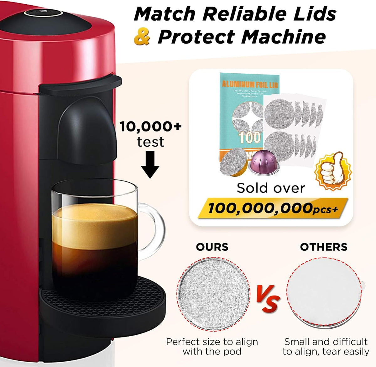 CAPMESSO Reusable Vertuo Pod Refill Kit, Faster Seal Reusable Nespresso Vertuo Pods with Fill & Press Brush,100pcs Aluminum Foil Lids for Refillable Nespresso Pods Vertuo