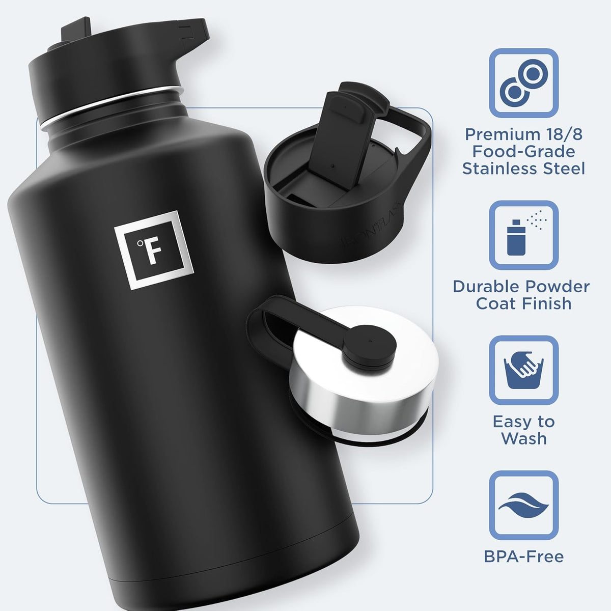 IRON °FLASK Camping & Hiking Hydration Flask with 3 Lids - Stainless Steel, Double Walled & Vacuum Insulated Water Bottle - Leak Proof & BPA Free (Midnight Black, Straw - 64 oz)