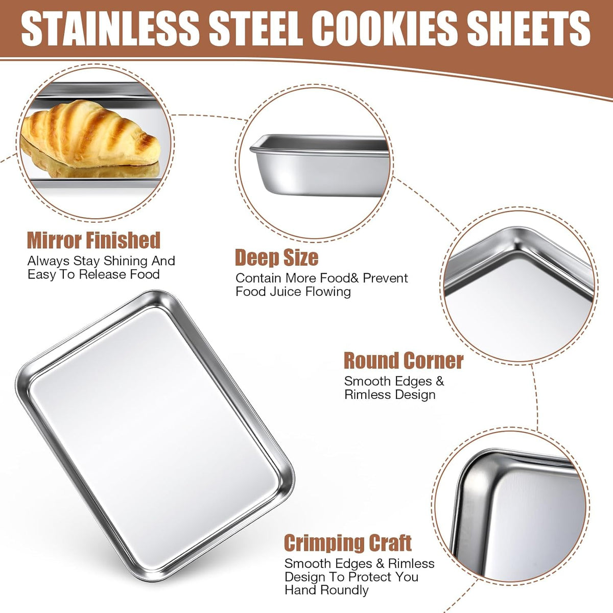 3 Pcs Baking Sheet Pan Set 9 x 6.7 x 1 Inches Cookie Sheet Small Toaster Oven Stainless Steel Tray Barbecue Grill Rectangle Trays, Non-stick, Easy Clean